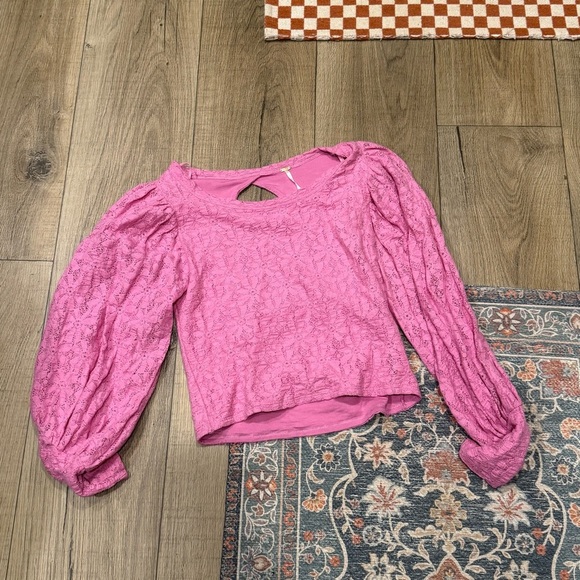 Free People Medium Pink Ruched Puff Sleeve Fitted Blouse - Picture 1 of 3